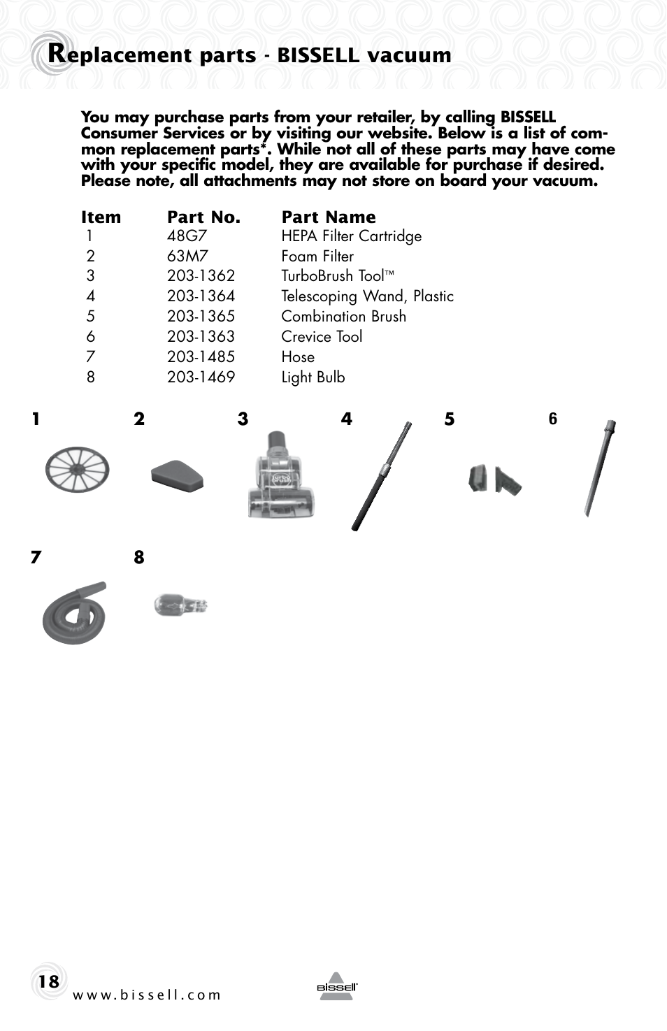 Eplacement parts - bissell vacuum | Bissell 61Z4 User Manual | Page 18 / 20