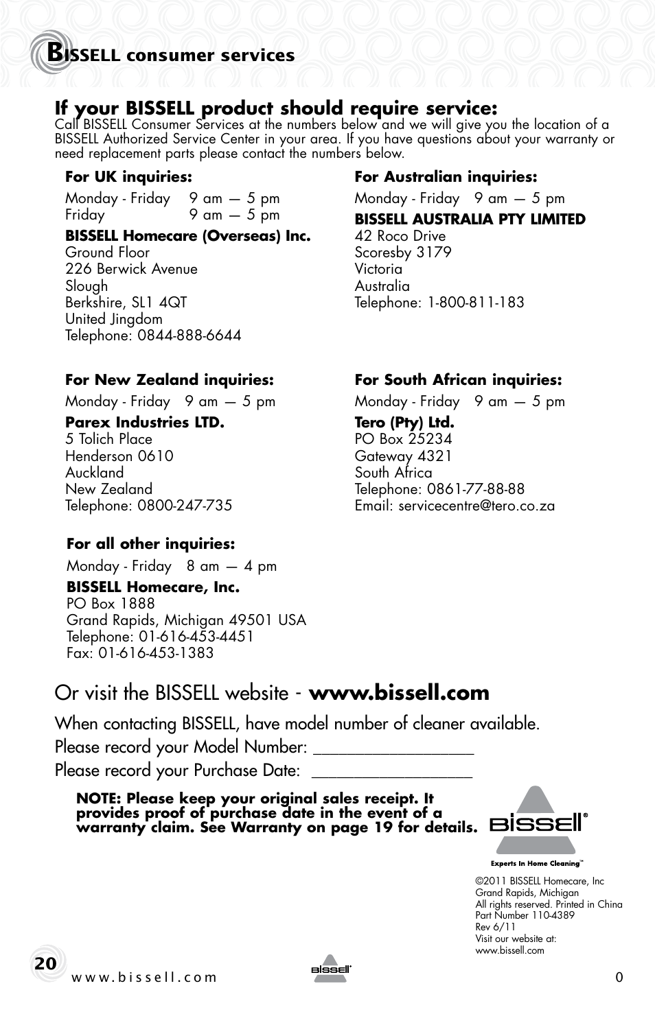 If your bissell product should require service | Bissell 61Z4 User Manual | Page 20 / 20