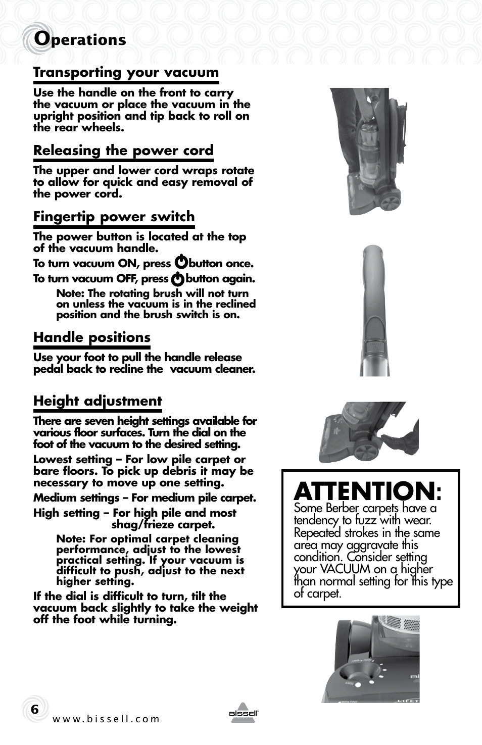 Attention, Perations | Bissell 61Z4 User Manual | Page 6 / 20