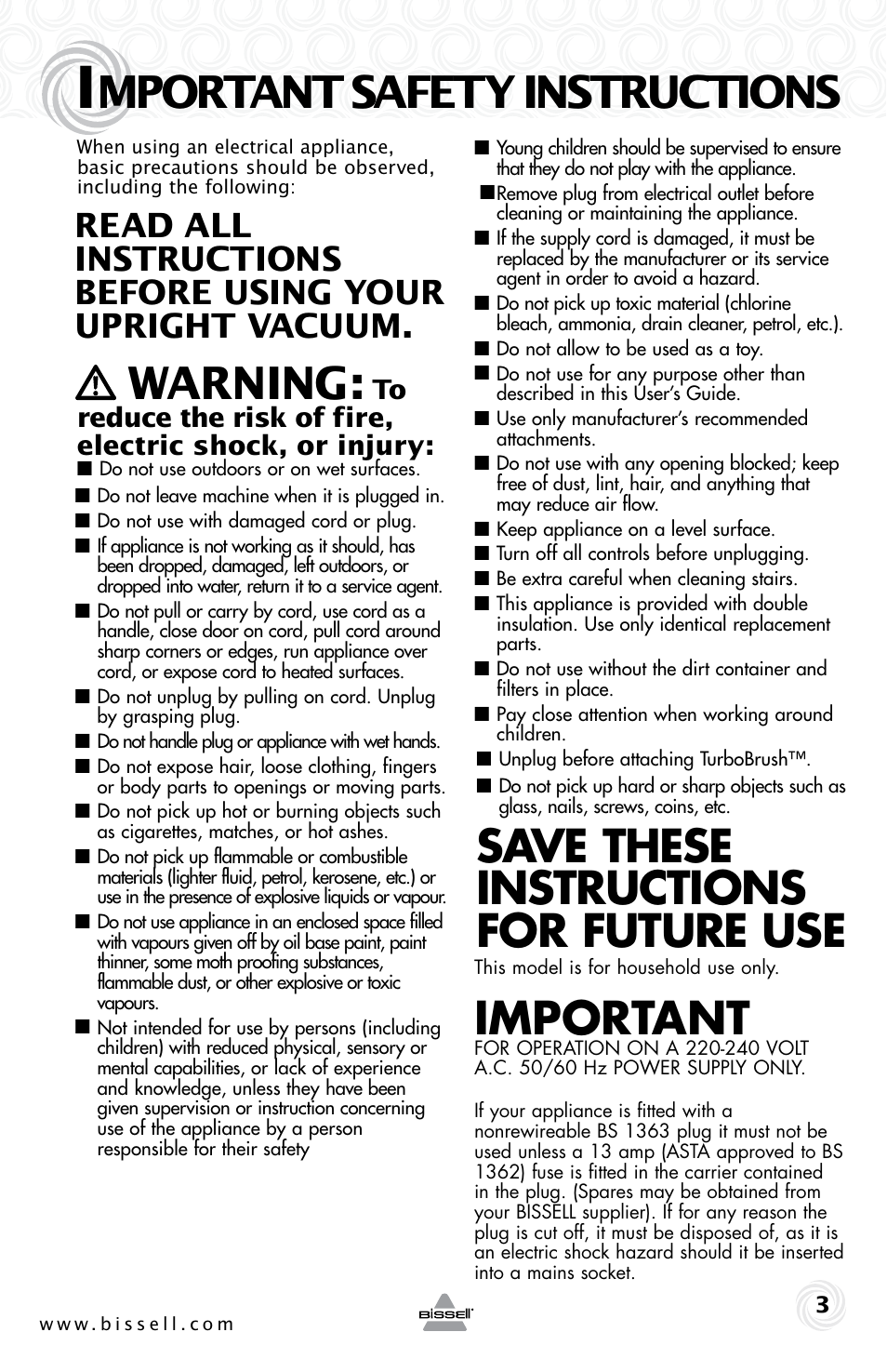 Mportant safety instructions, Warning, Save these instructions for future use | Important | Bissell 69P3-E User Manual | Page 3 / 16