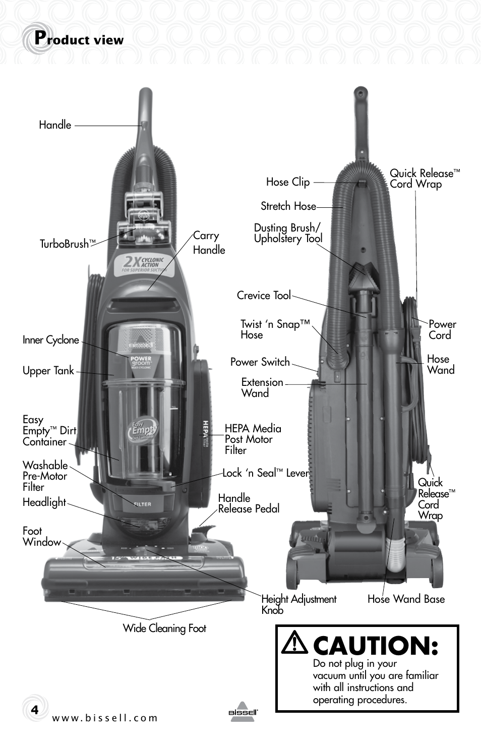 Caution | Bissell 69P3-E User Manual | Page 4 / 16