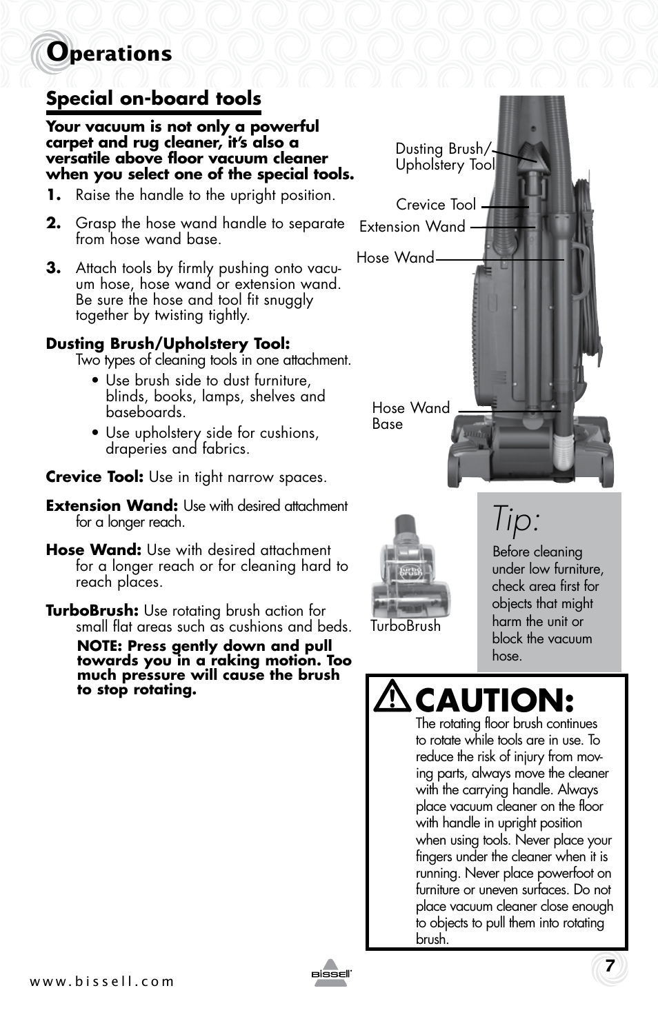 Caution, Perations, Special on-board tools | Bissell 69P3-E User Manual | Page 7 / 16