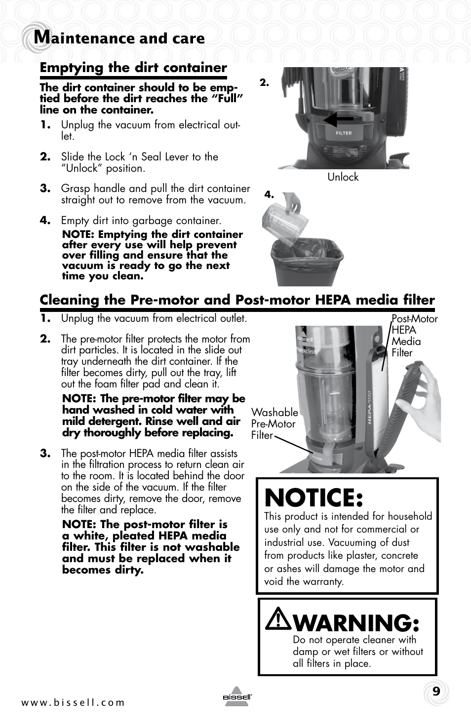 Notice, Warning, Aintenance and care | Bissell 69P3-E User Manual | Page 9 / 16