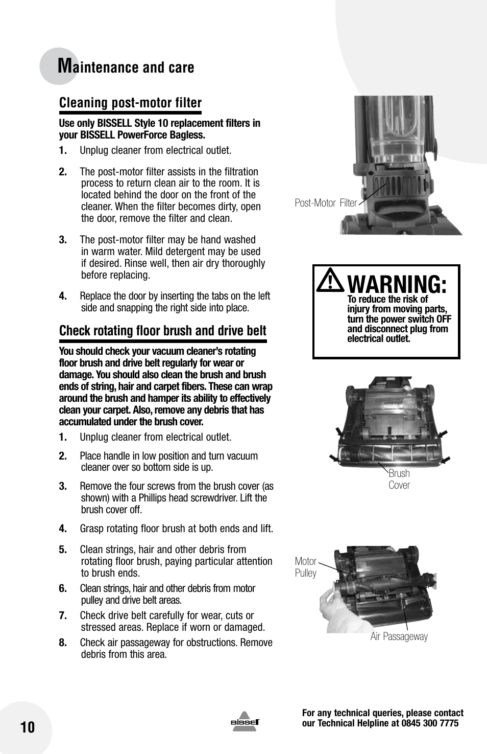 Warning, Aintenance and care, Cleaning post-motor filter | Check rotating floor brush and drive belt | Bissell Powerforce bagless 75Q1 series User Manual | Page 10 / 16