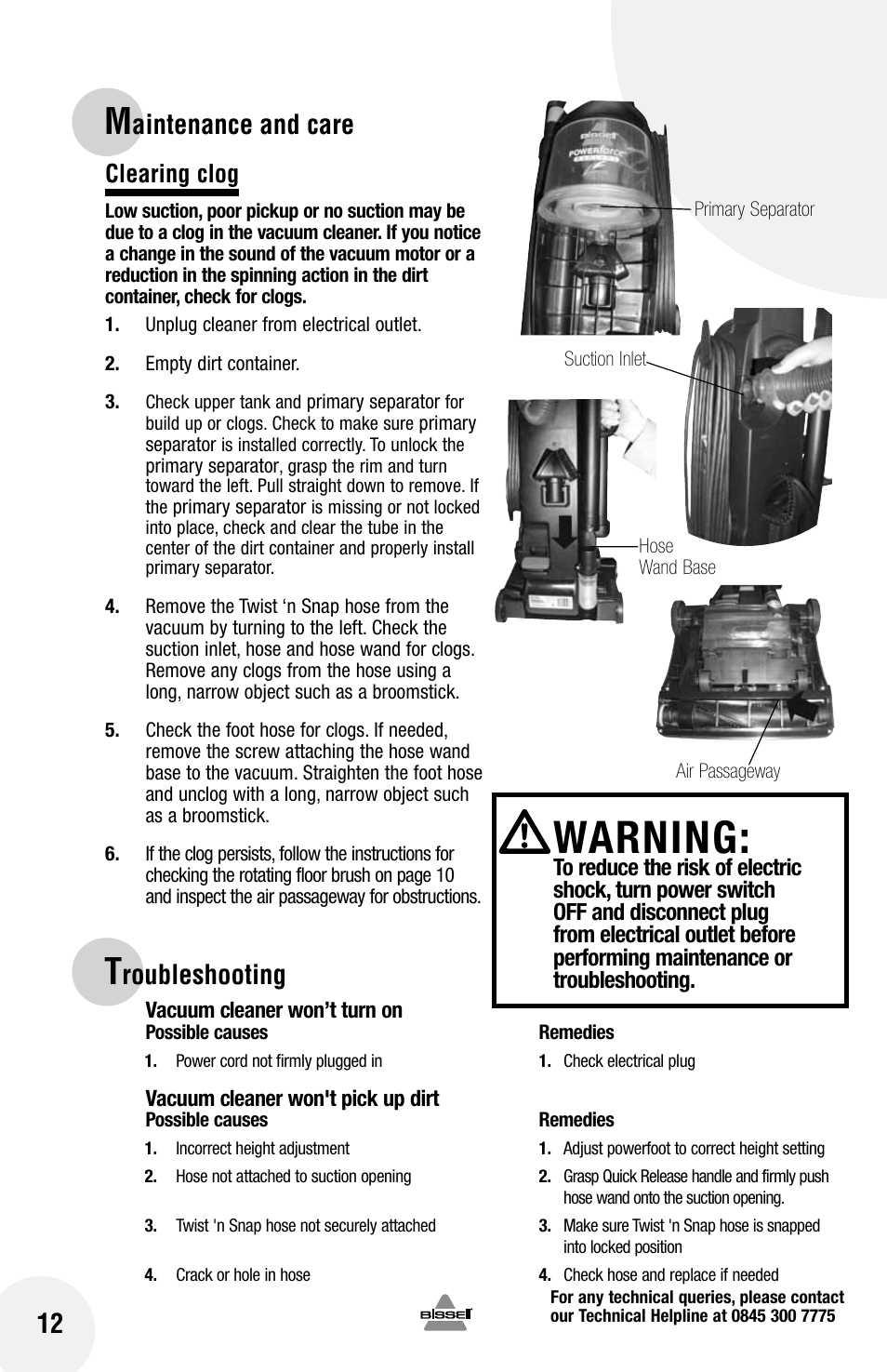 Warning, Roubleshooting, Aintenance and care | Clearing clog | Bissell Powerforce bagless 75Q1 series User Manual | Page 12 / 16