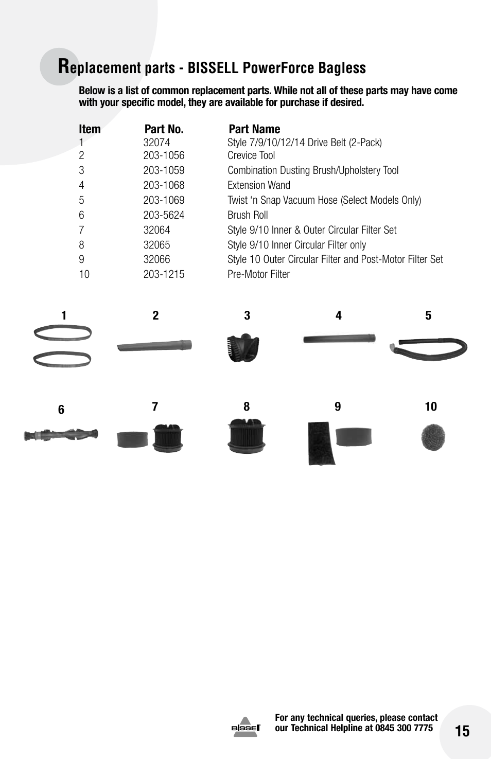 Eplacement parts - bissell powerforce bagless | Bissell Powerforce bagless 75Q1 series User Manual | Page 15 / 16