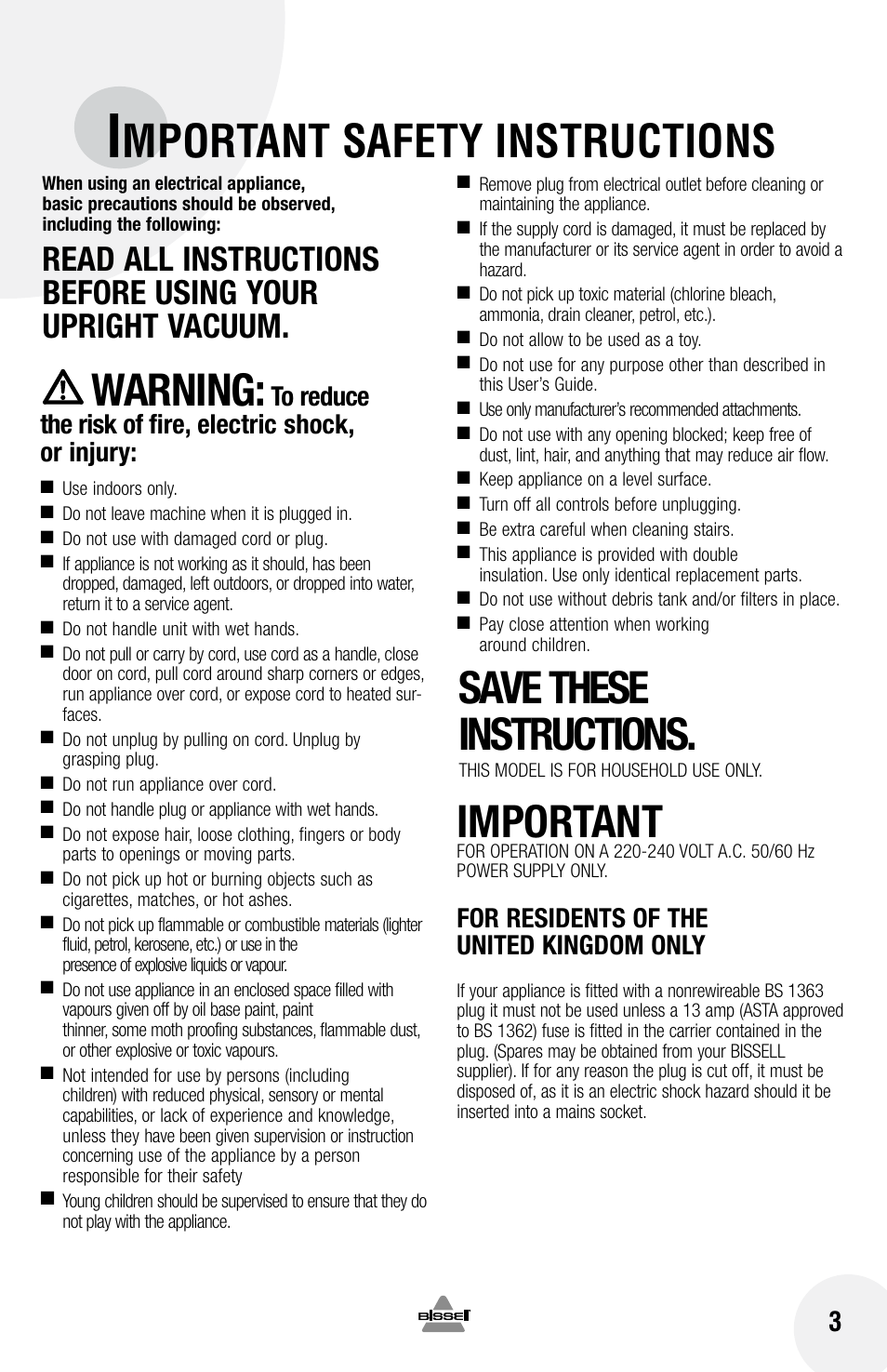 Mportant safety instructions, Warning, Save these instructions | Important, For residents of the united kingdom only | Bissell Powerforce bagless 75Q1 series User Manual | Page 3 / 16