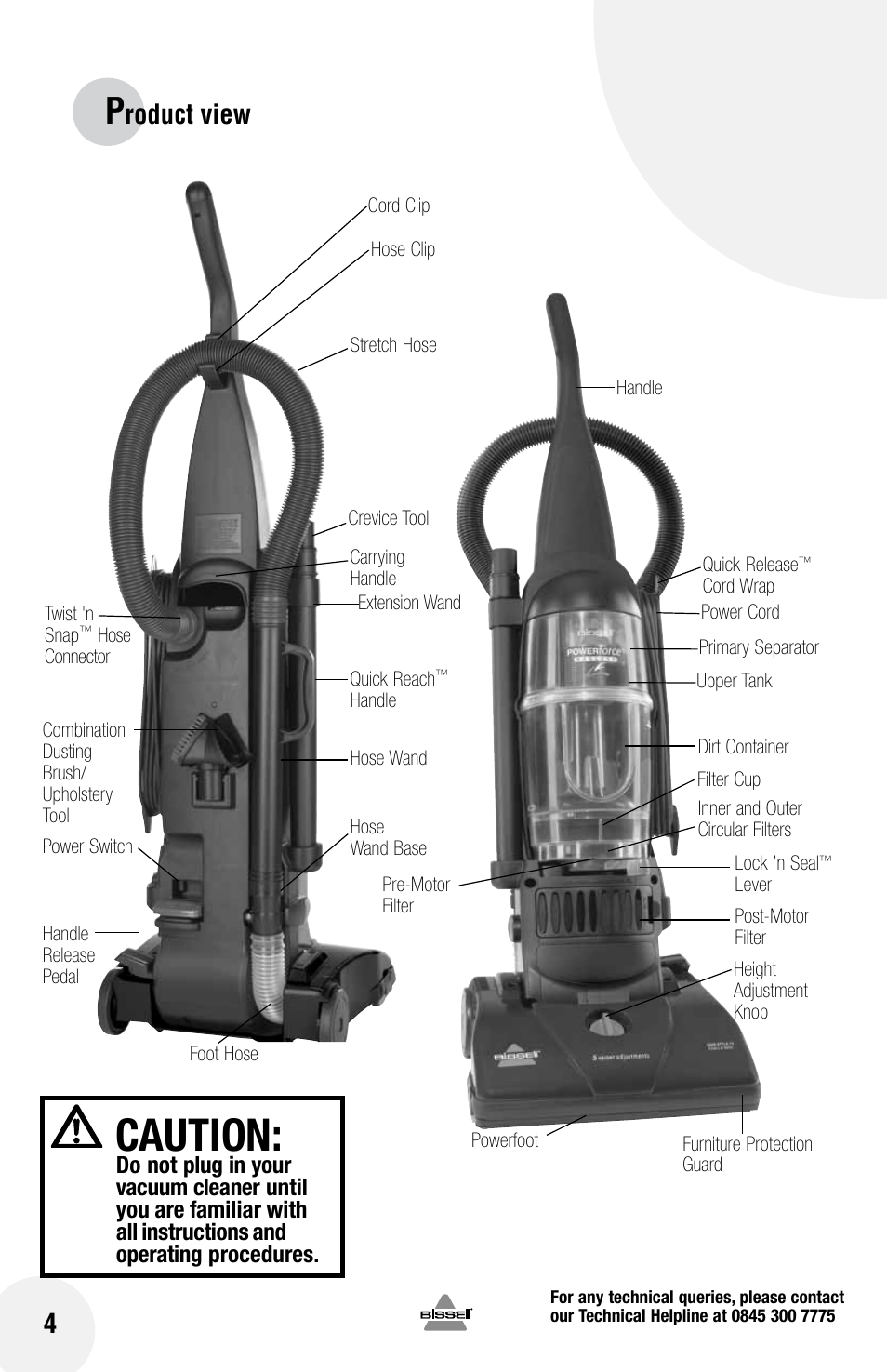 Caution, Roduct view | Bissell Powerforce bagless 75Q1 series User Manual | Page 4 / 16