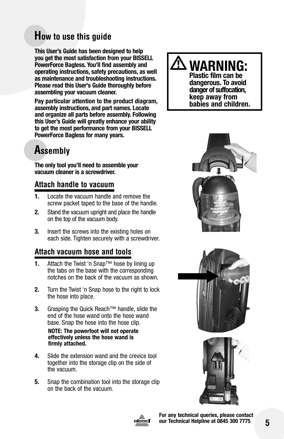 Warning, Ow to use this guide, Ssembly | Bissell Powerforce bagless 75Q1 series User Manual | Page 5 / 16