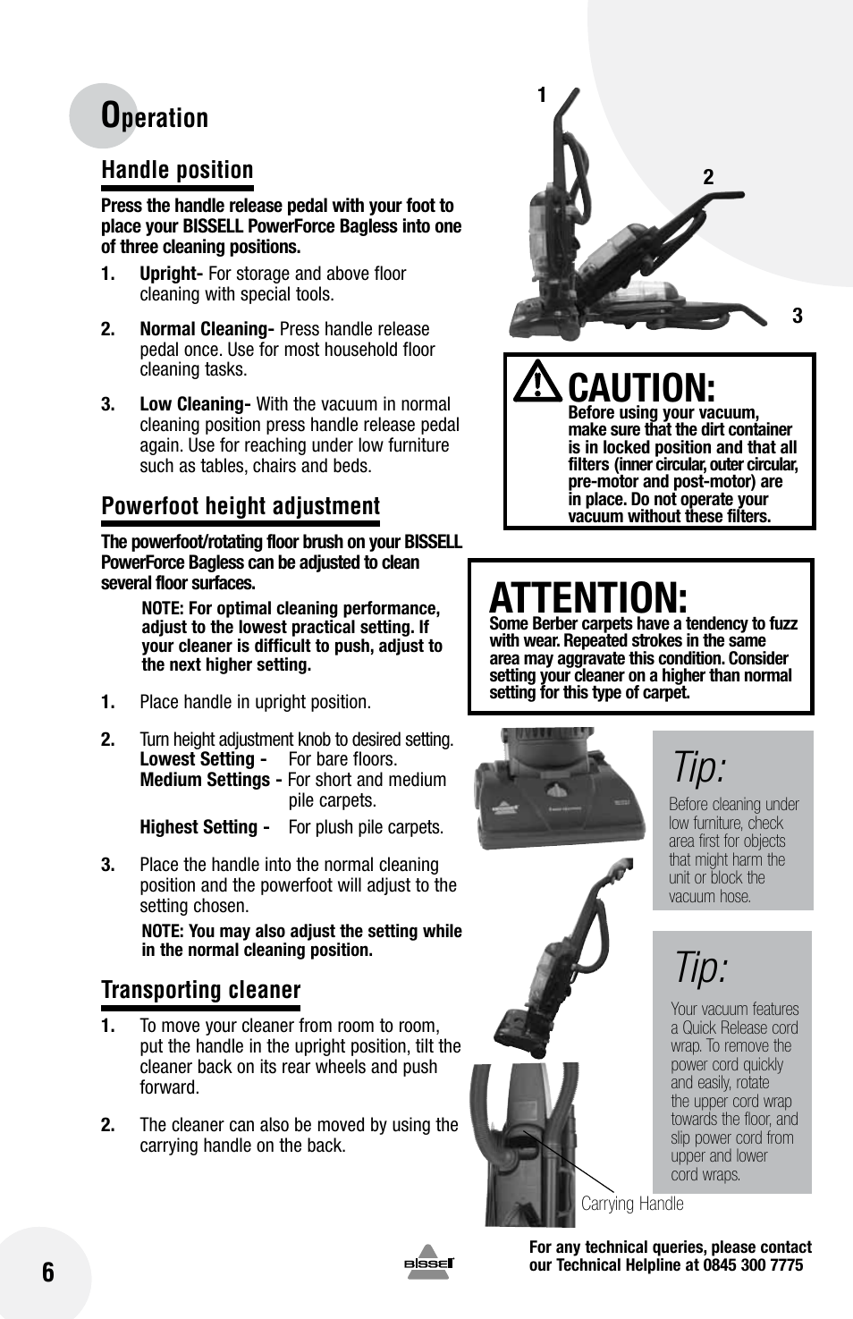 Attention, Caution, Peration 6 | Bissell Powerforce bagless 75Q1 series User Manual | Page 6 / 16