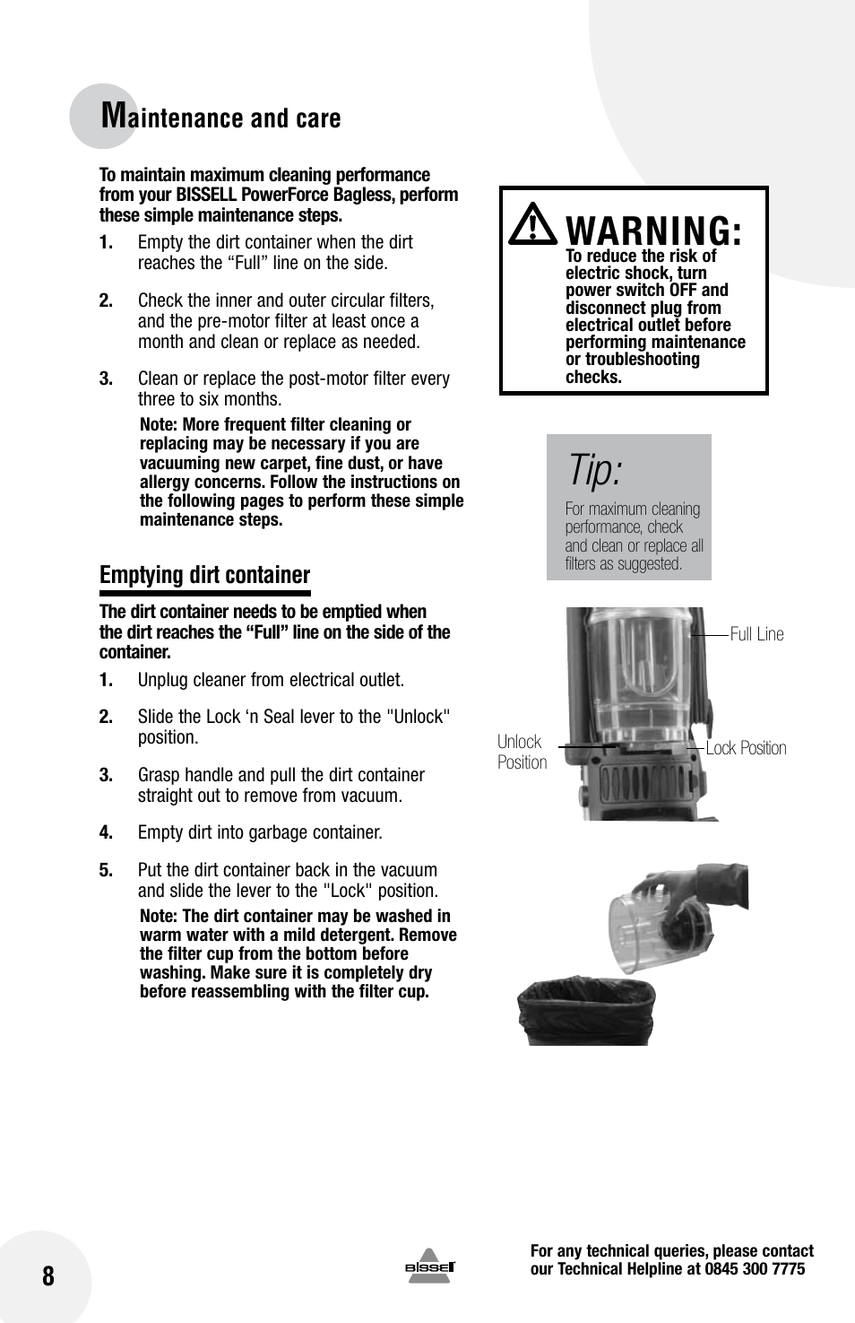 Warning, Aintenance and care, Emptying dirt container | Bissell Powerforce bagless 75Q1 series User Manual | Page 8 / 16