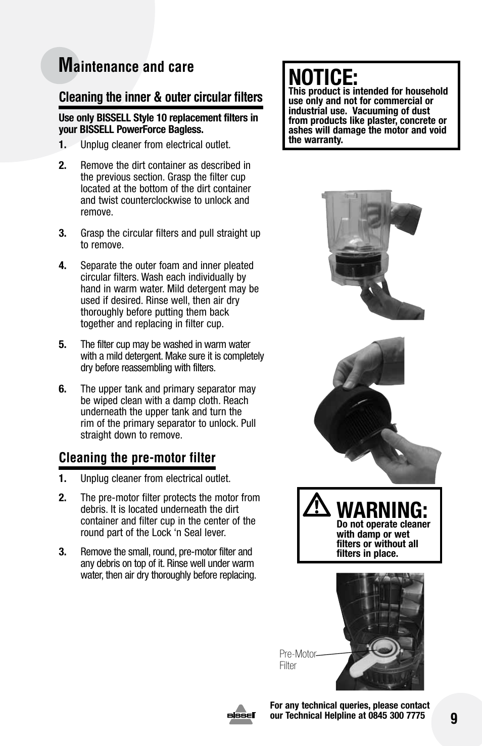 Warning, Notice, Aintenance and care 9 | Bissell Powerforce bagless 75Q1 series User Manual | Page 9 / 16