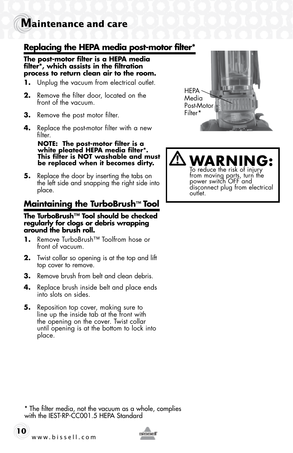 Warning, Aintenance and care, Maintaining the turbobrush | Tool, Replacing the hepa media post-motor filter | Bissell 76P4 User Manual | Page 10 / 16
