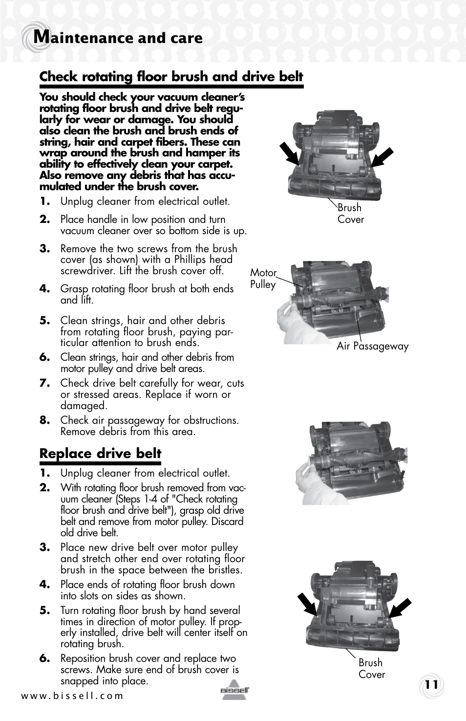 Aintenance and care, Replace drive belt, Check rotating floor brush and drive belt | Bissell 76P4 User Manual | Page 11 / 16