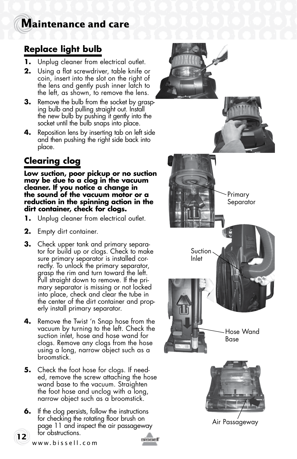 Aintenance and care, Replace light bulb, Clearing clog | Bissell 76P4 User Manual | Page 12 / 16