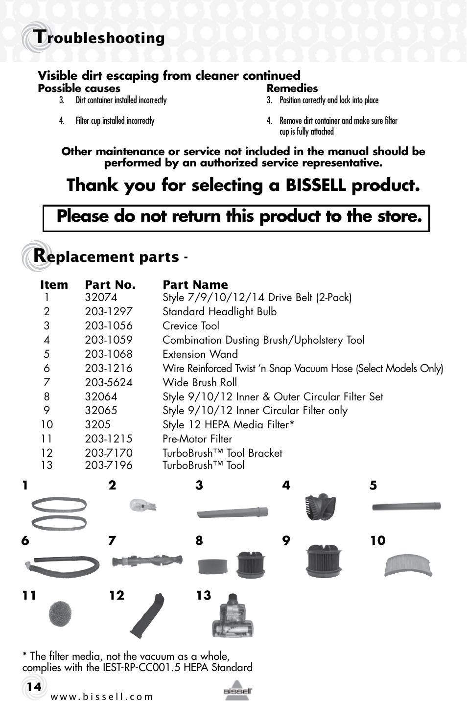 Roubleshooting, Eplacement parts | Bissell 76P4 User Manual | Page 14 / 16