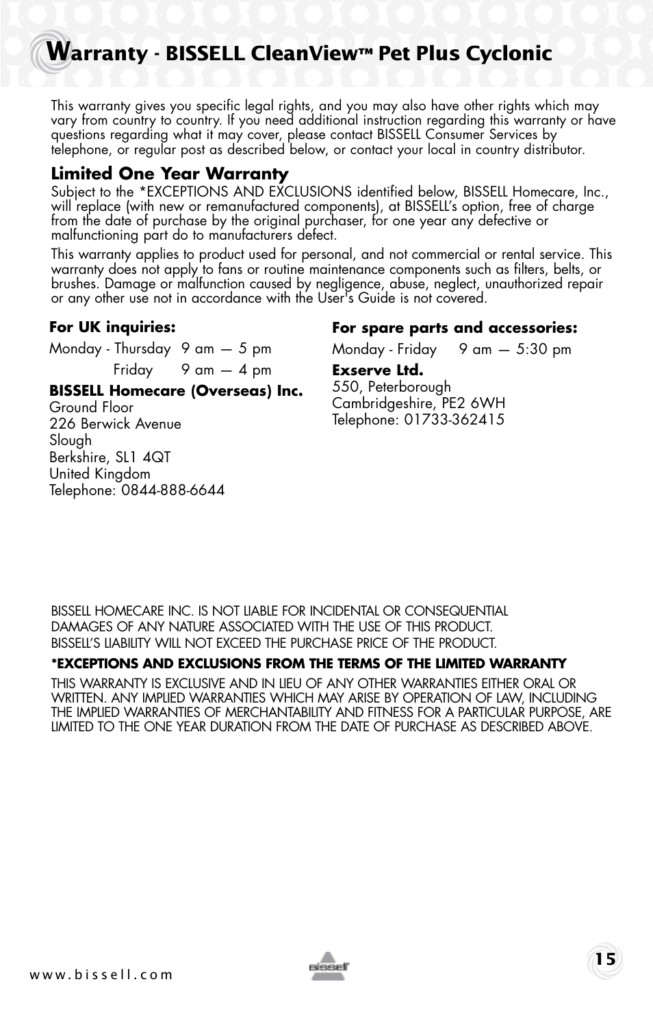 Arranty - bissell cleanview, Pet plus cyclonic | Bissell 76P4 User Manual | Page 15 / 16