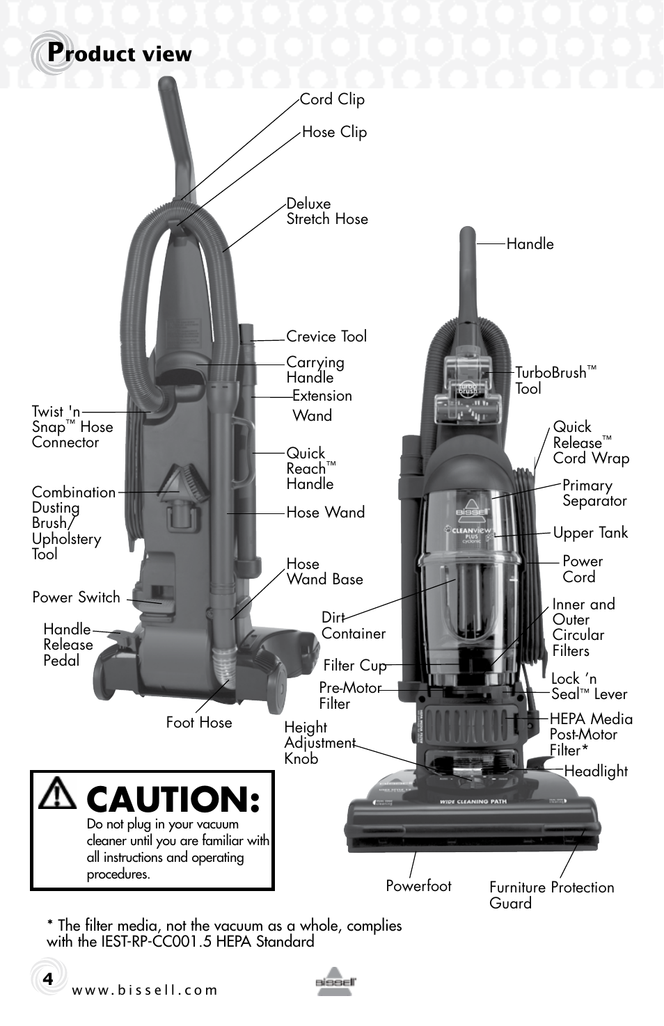Caution, Roduct view | Bissell 76P4 User Manual | Page 4 / 16