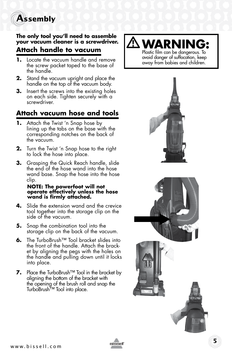 Warning, Ssembly, Attach handle to vacuum | Attach vacuum hose and tools | Bissell 76P4 User Manual | Page 5 / 16