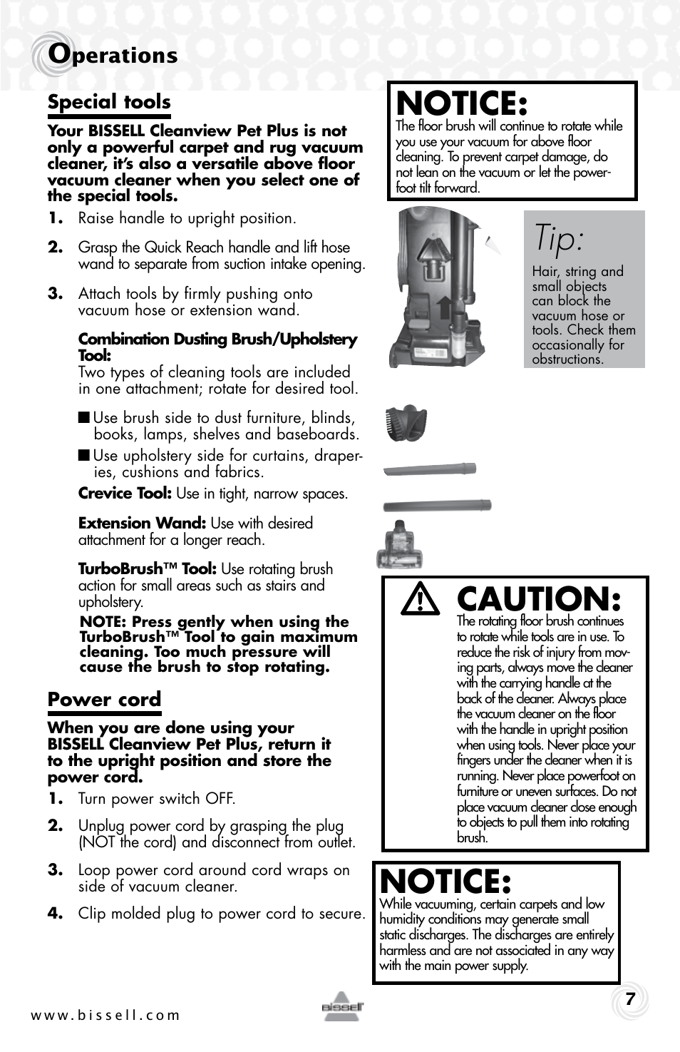 Notice, Caution, Perations | Special tools, Power cord | Bissell 76P4 User Manual | Page 7 / 16