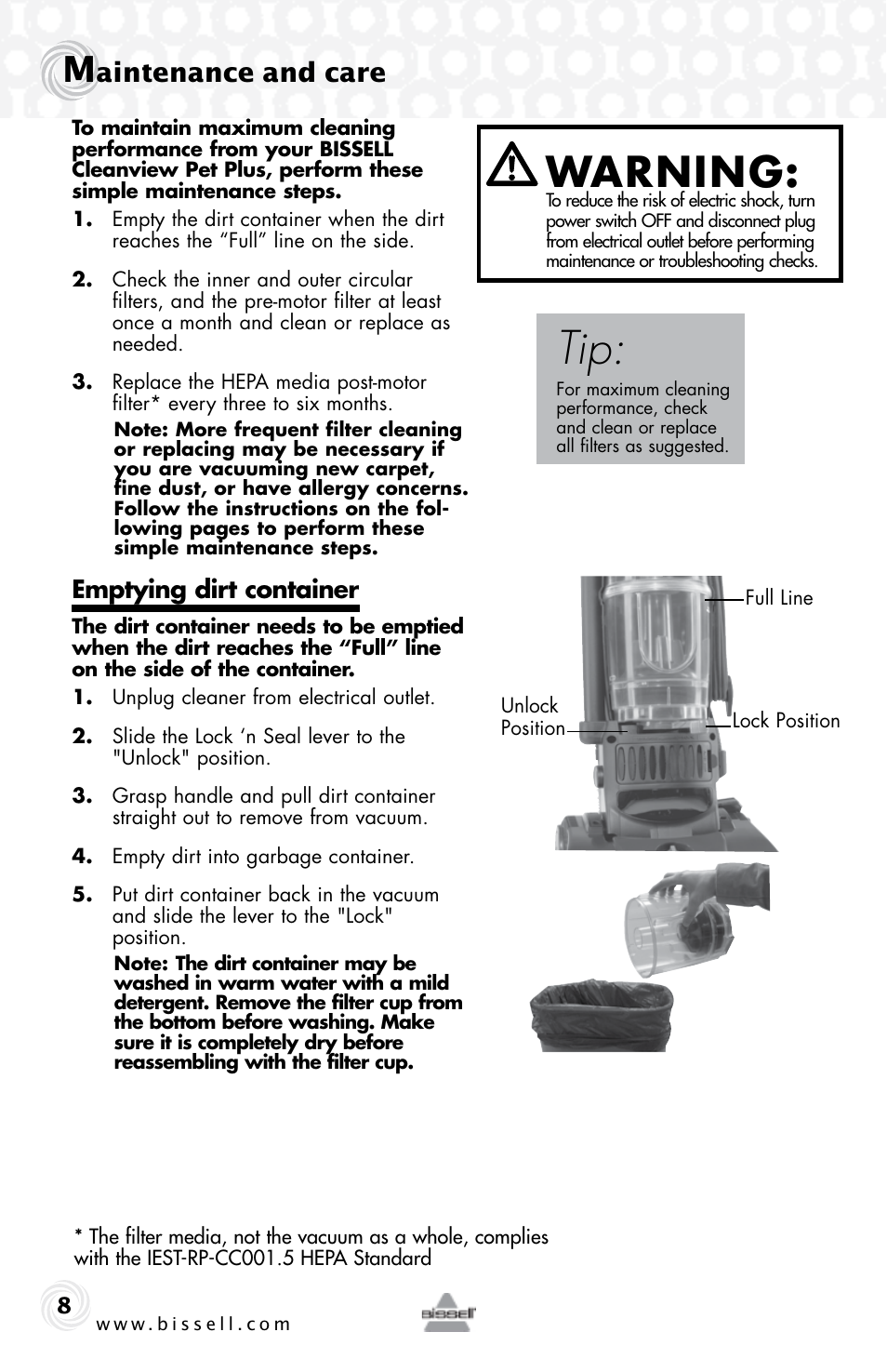 Warning, Aintenance and care, Emptying dirt container | Bissell 76P4 User Manual | Page 8 / 16