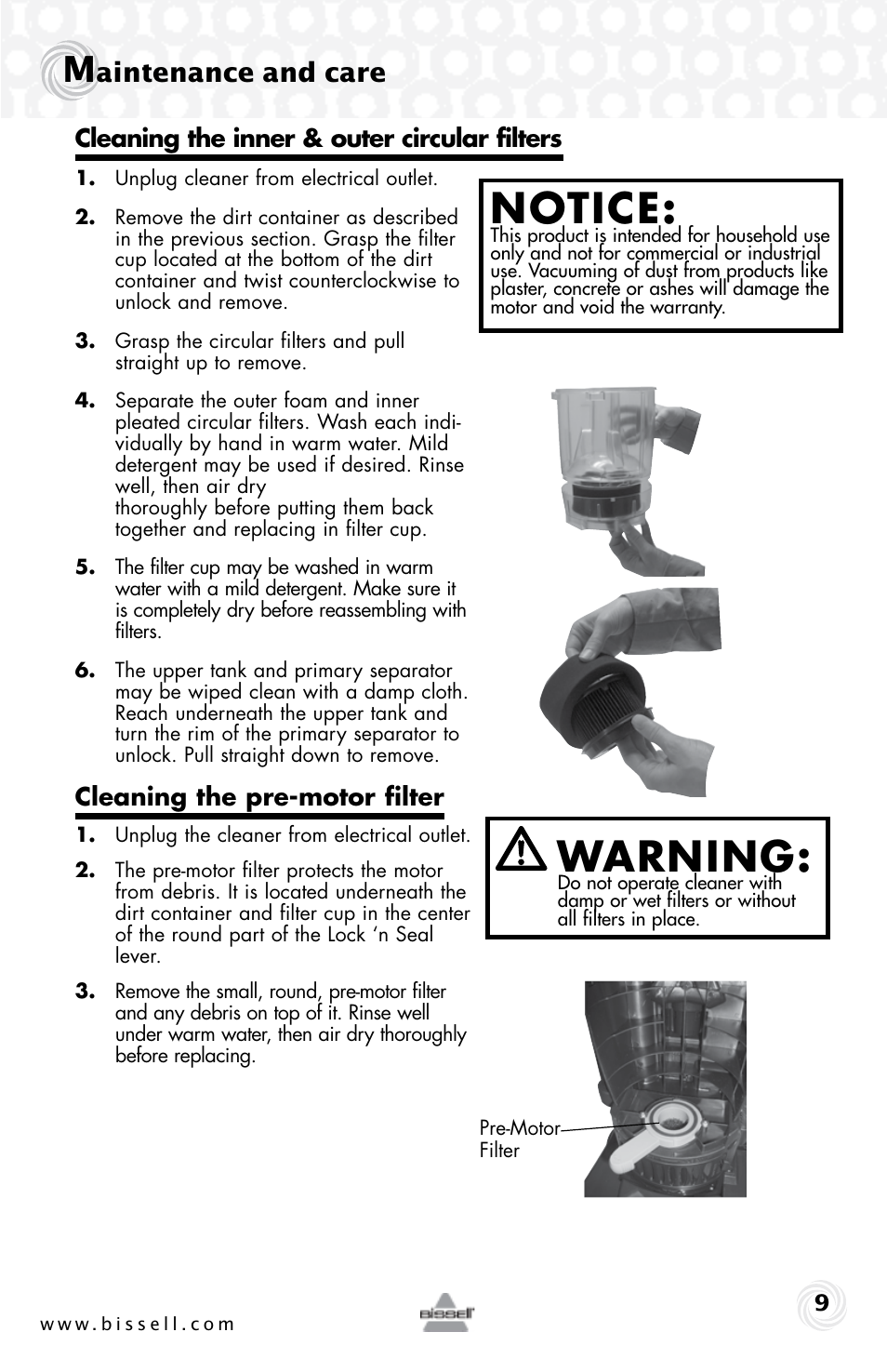 Warning, Notice, Aintenance and care | Bissell 76P4 User Manual | Page 9 / 16