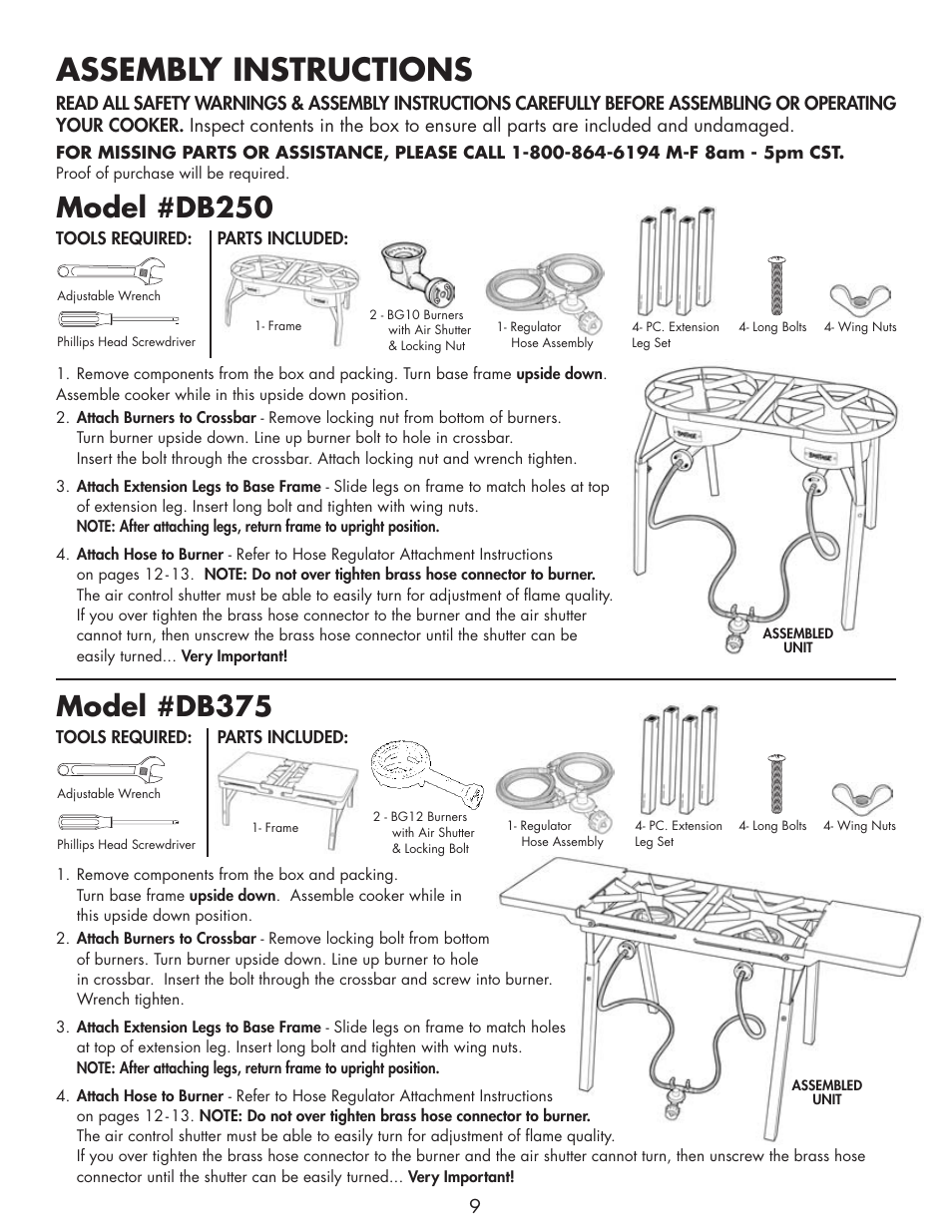 Assembly instructions, Model #db250, Model #db375 | Bayou Classic DB250 User Manual | Page 11 / 32