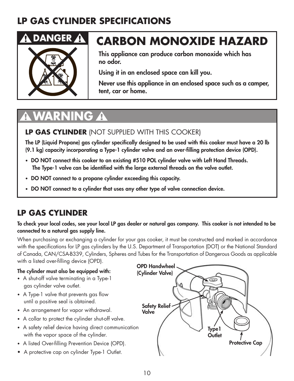 Warning, Carbon monoxide hazard, Danger | Lp gas cylinder specifications, Lp gas cylinder | Bayou Classic DB250 User Manual | Page 12 / 32