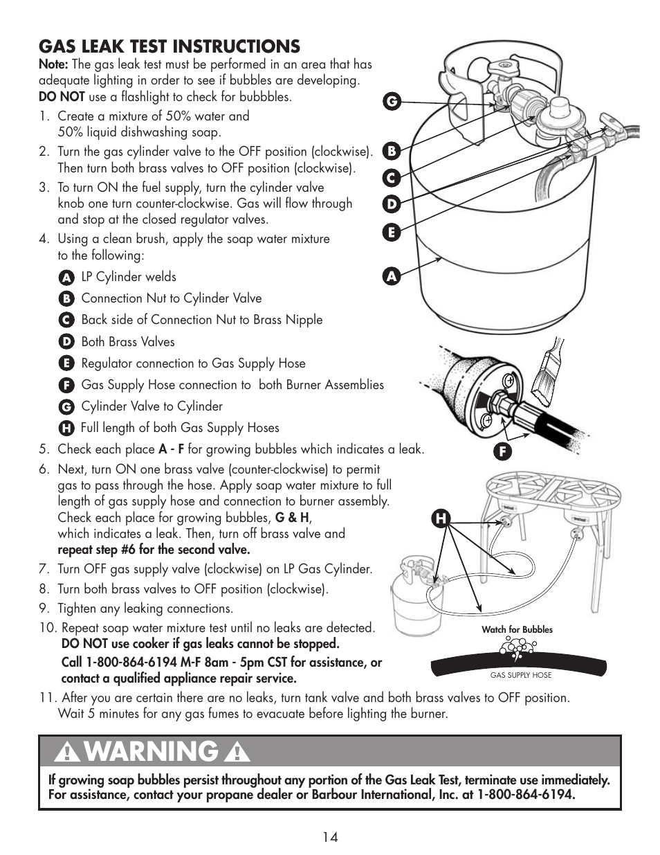 Warning, Gas leak test instructions | Bayou Classic DB250 User Manual | Page 16 / 32