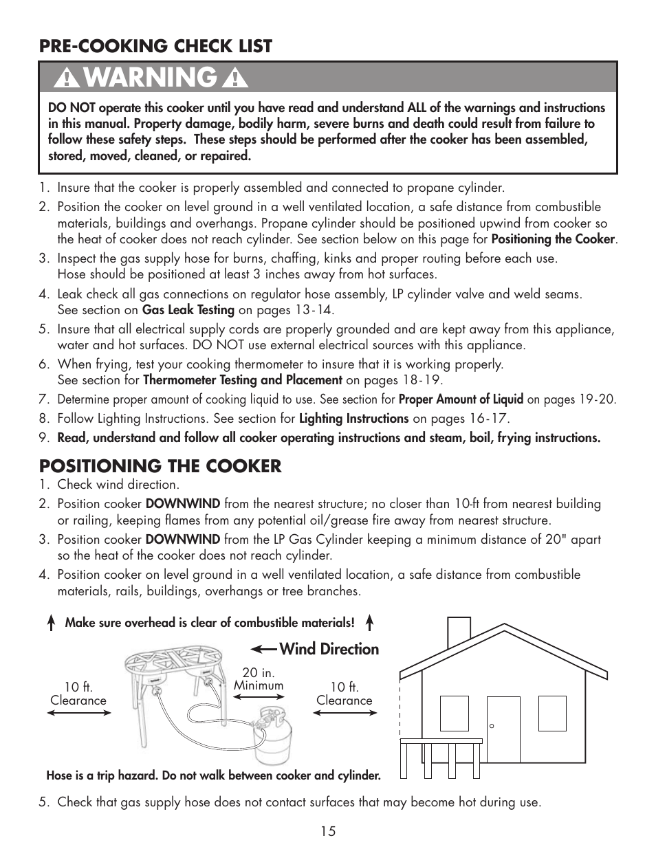 Warning, Pre-cooking check list positioning the cooker | Bayou Classic DB250 User Manual | Page 17 / 32