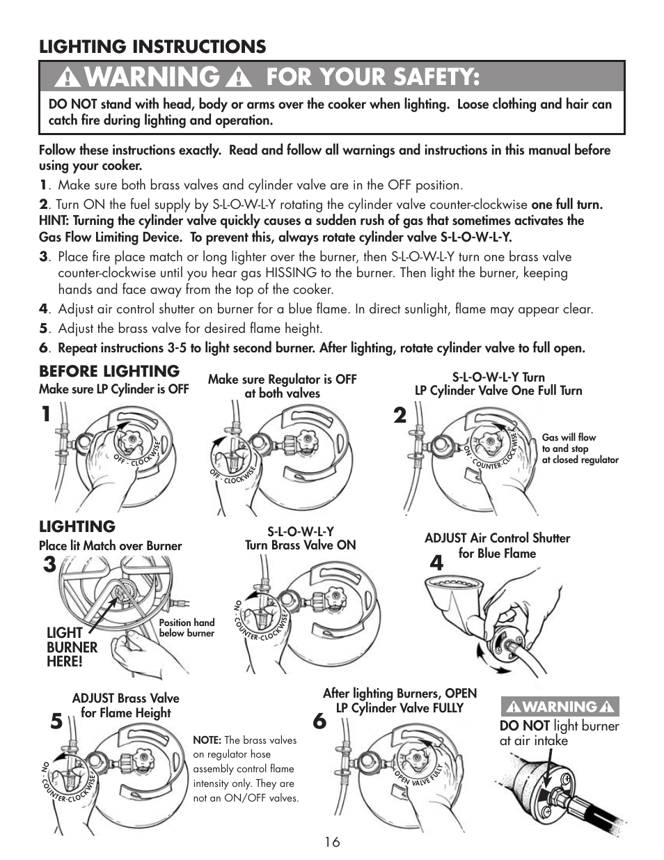 Warning, For your safety, Lighting instructions | Before lighting, Lighting, Light burner here, Do not light burner at air intake | Bayou Classic DB250 User Manual | Page 18 / 32