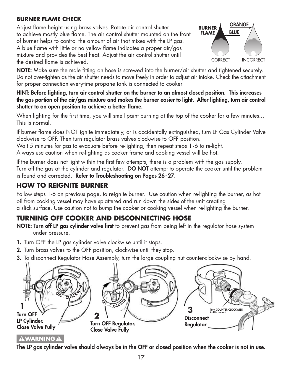 How to reignite burner, Turning off cooker and disconnecting hose | Bayou Classic DB250 User Manual | Page 19 / 32