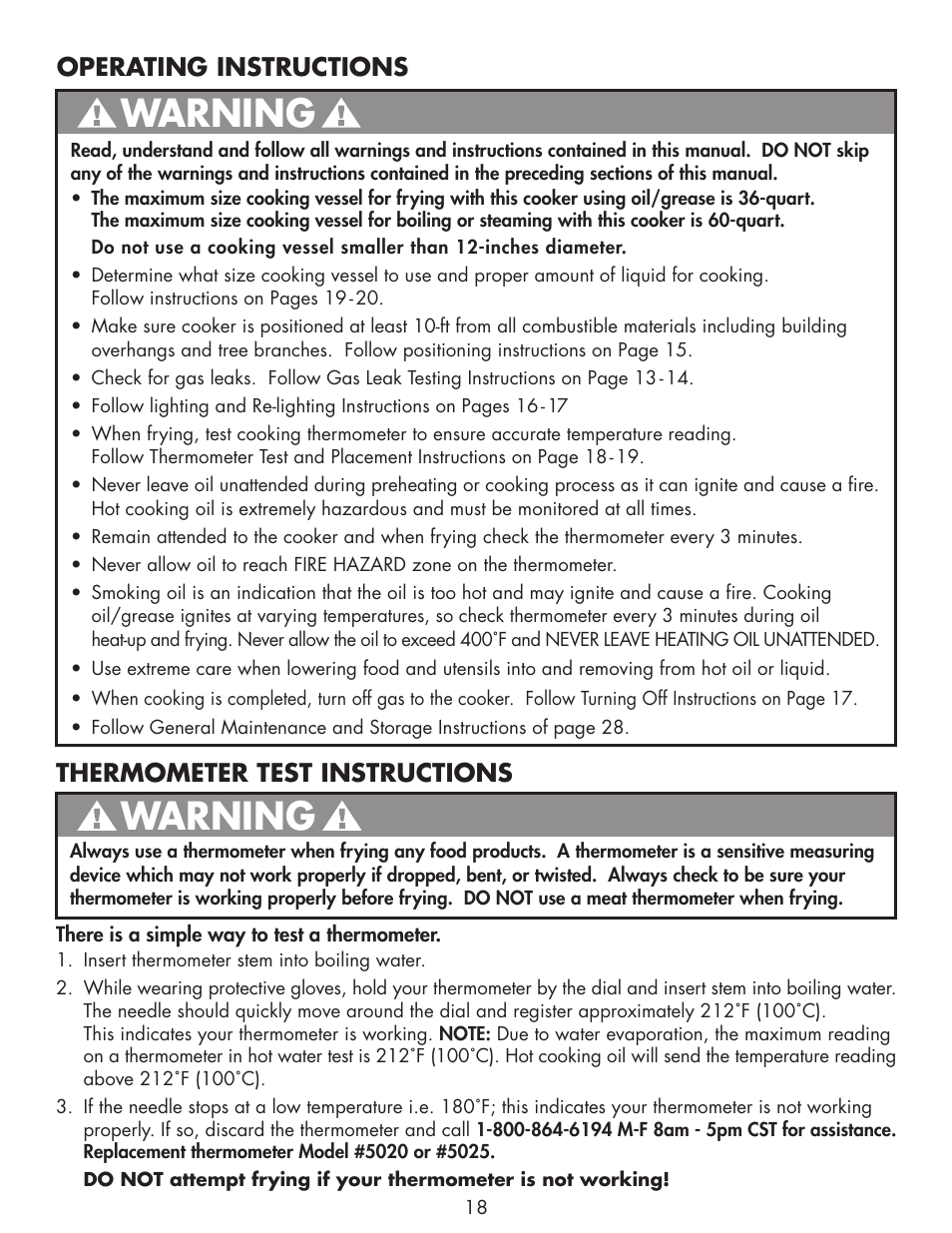 Warning, Operating instructions, Thermometer test instructions | Bayou Classic DB250 User Manual | Page 20 / 32