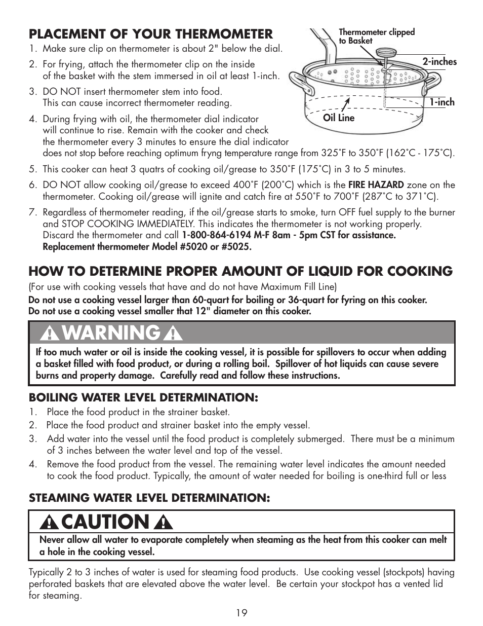 Warning, Caution, Placement of your thermometer | Bayou Classic DB250 User Manual | Page 21 / 32