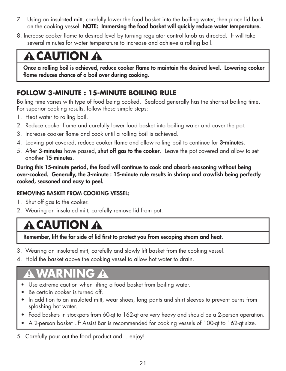 Caution, Warning | Bayou Classic DB250 User Manual | Page 23 / 32