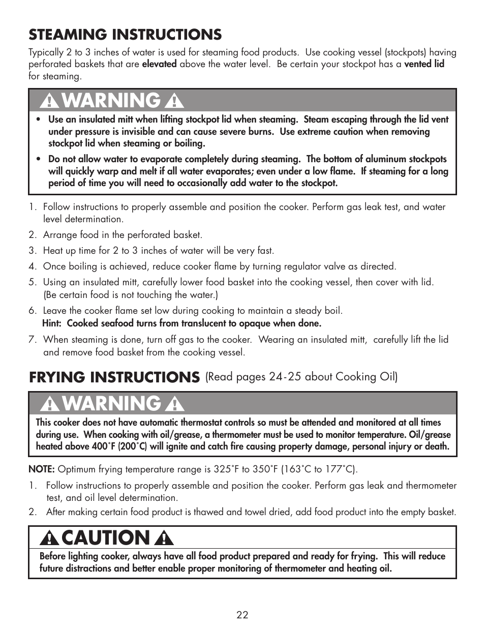 Caution, Warning, Frying instructions | Steaming instructions | Bayou Classic DB250 User Manual | Page 24 / 32