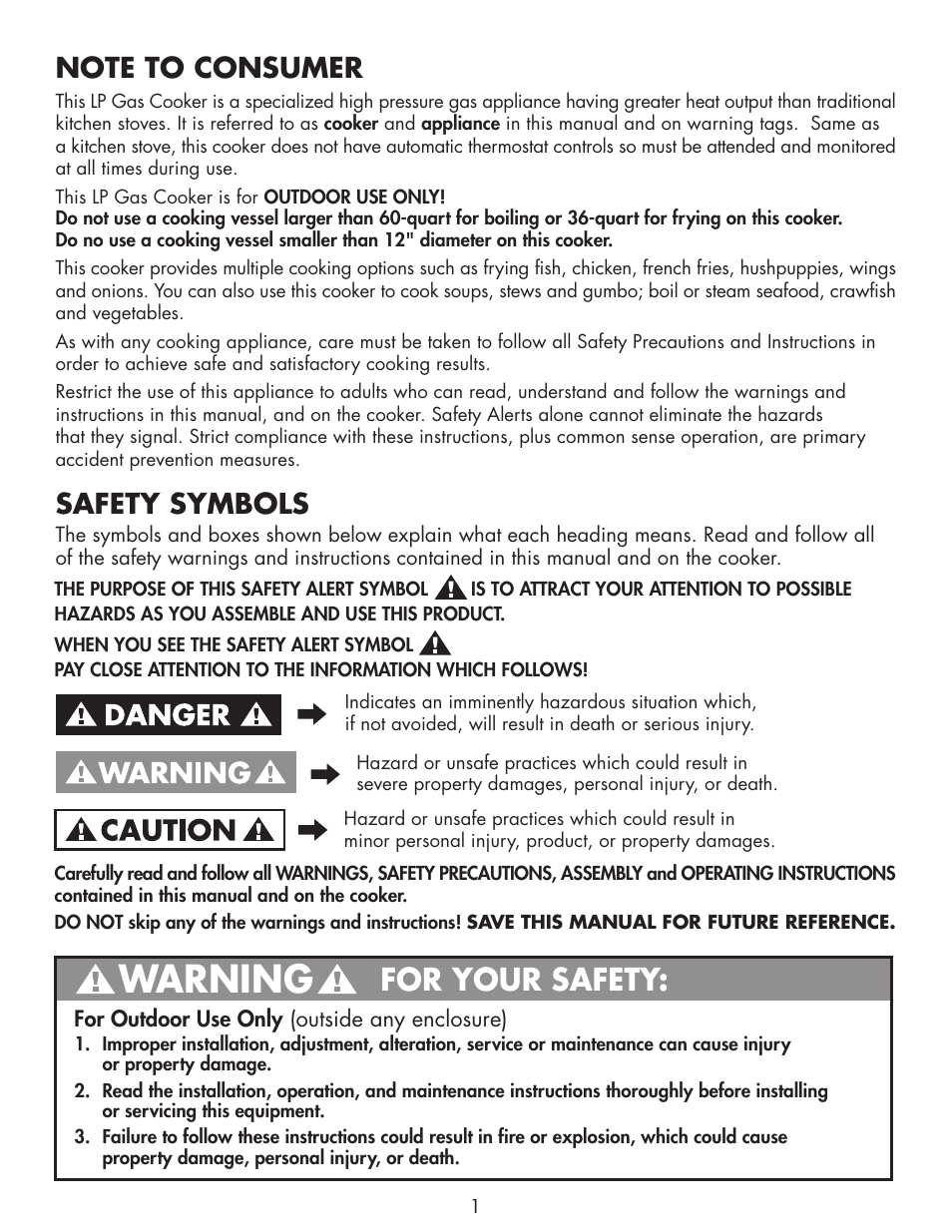 Warning, For your safety, Safety symbols | Bayou Classic DB250 User Manual | Page 3 / 32