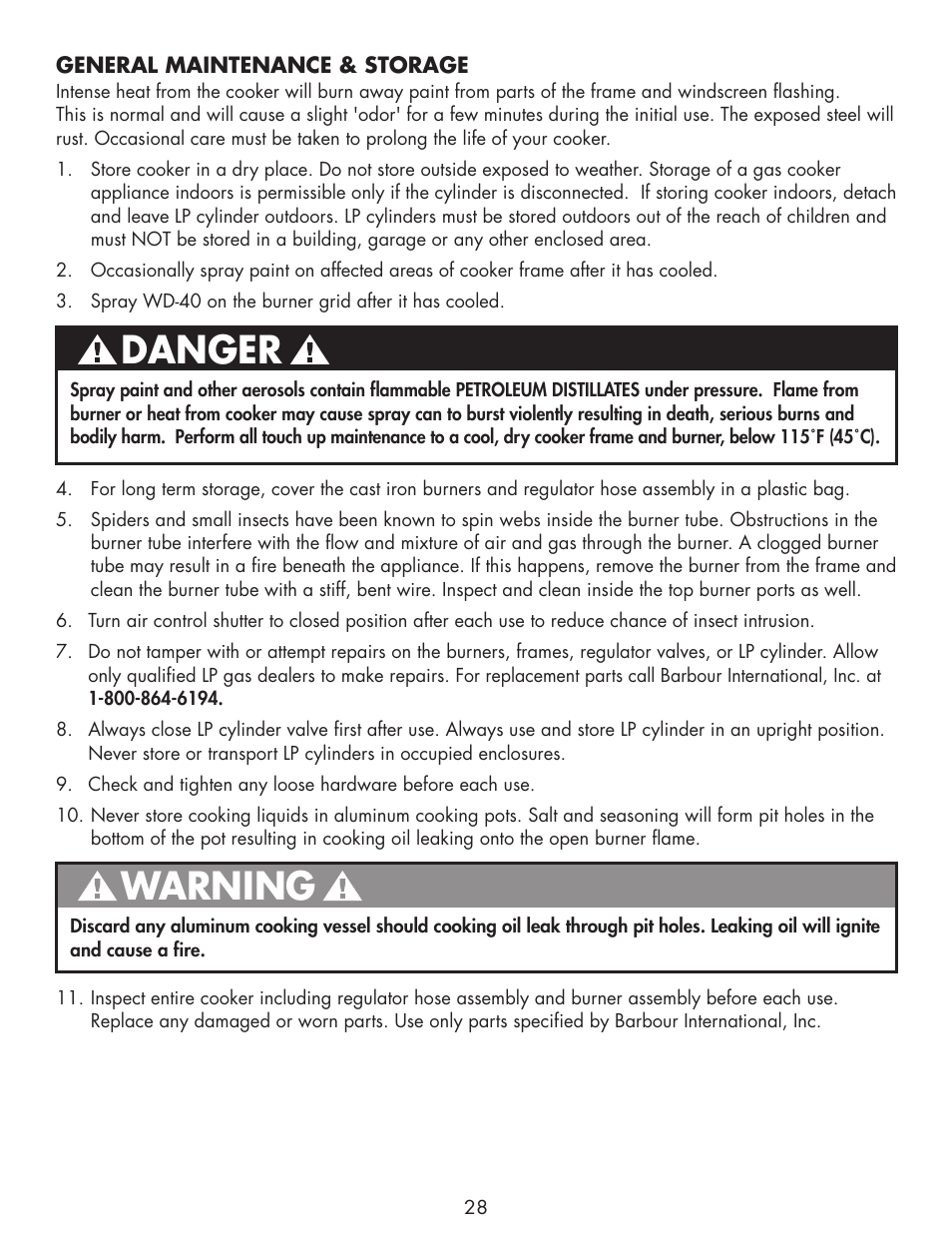 Warning, Danger | Bayou Classic DB250 User Manual | Page 30 / 32