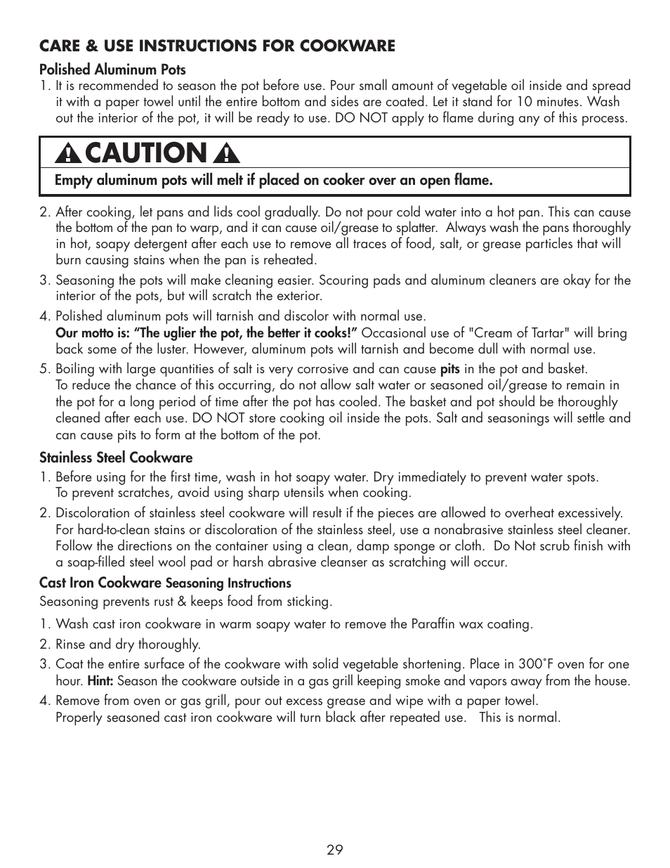 Caution | Bayou Classic DB250 User Manual | Page 31 / 32