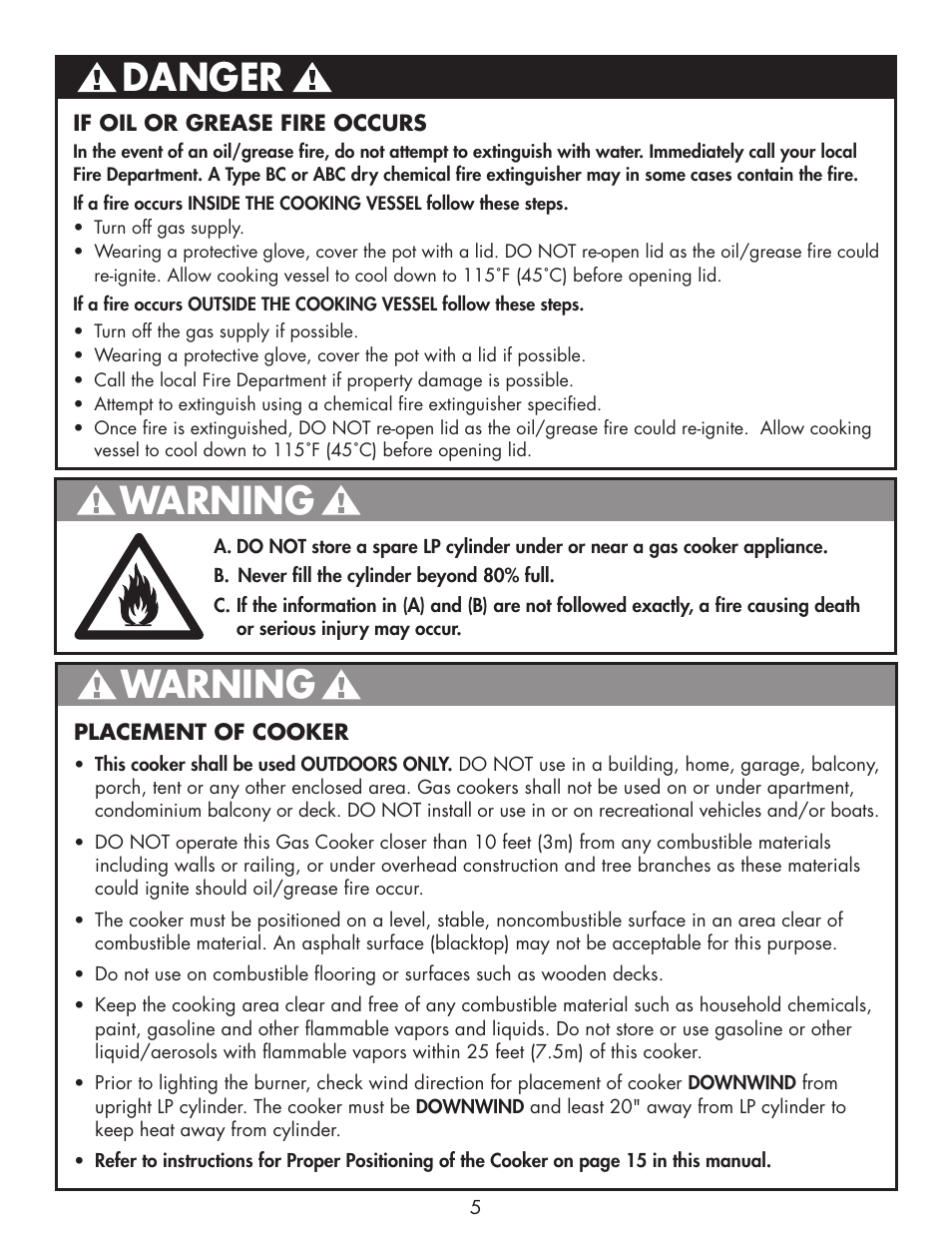 Warning, Danger | Bayou Classic DB250 User Manual | Page 7 / 32