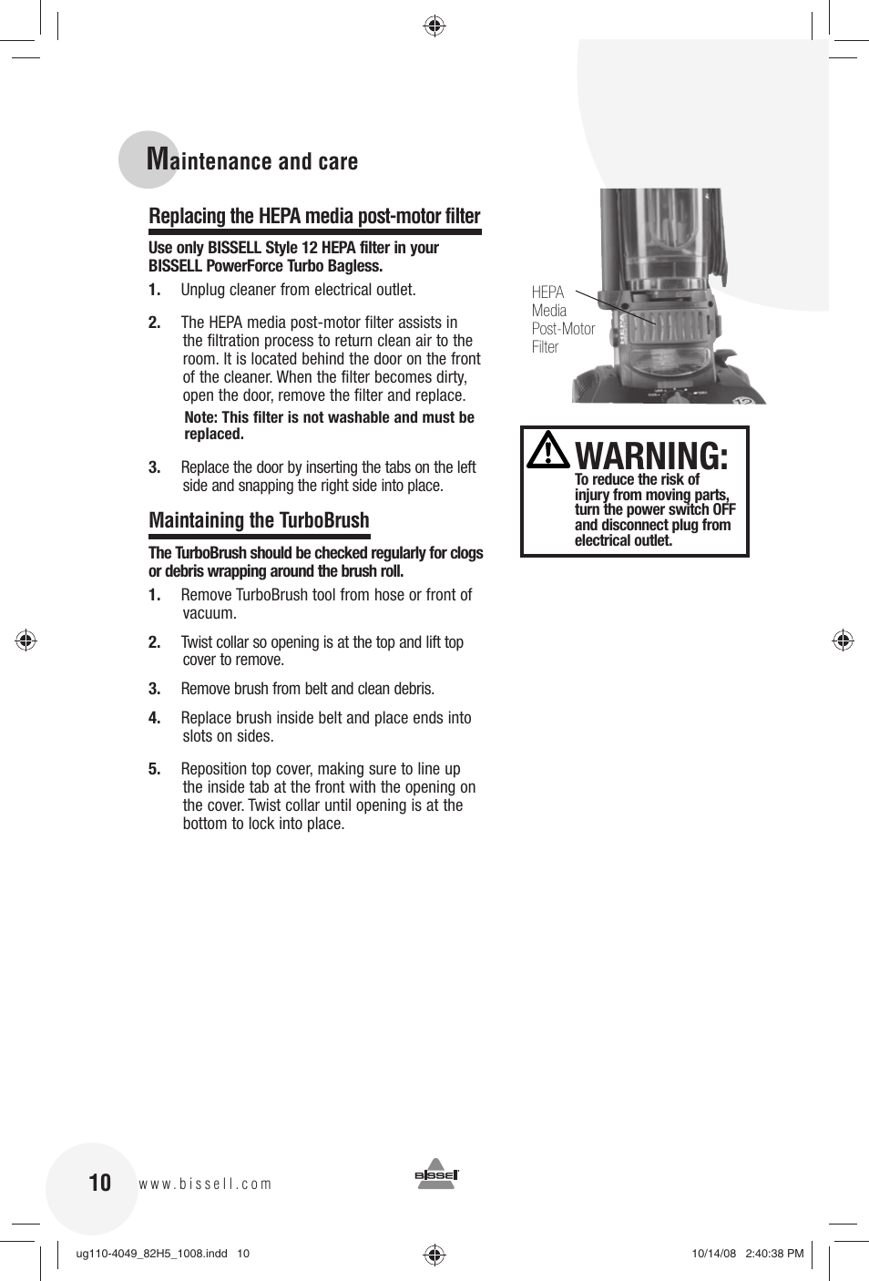 Warning, Aintenance and care, Replacing the hepa media post-motor filter | Maintaining the turbobrush | Bissell 82H5E User Manual | Page 10 / 16