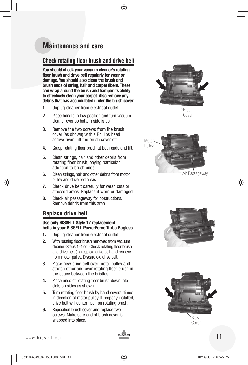 Aintenance and care, Check rotating floor brush and drive belt, Replace drive belt | Bissell 82H5E User Manual | Page 11 / 16