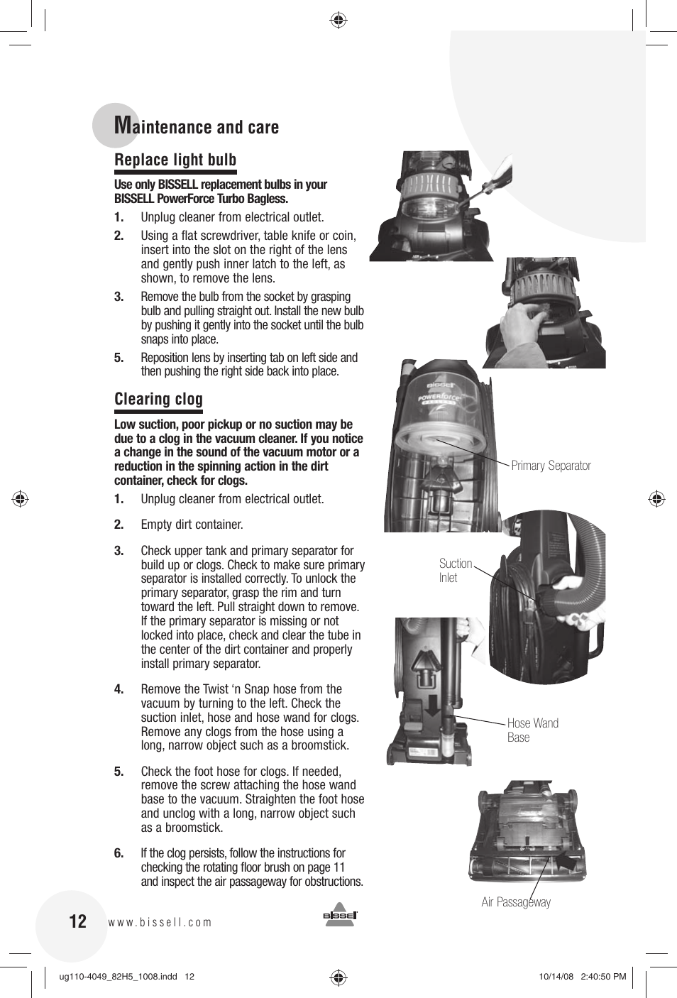 Aintenance and care, Replace light bulb, Clearing clog | Bissell 82H5E User Manual | Page 12 / 16