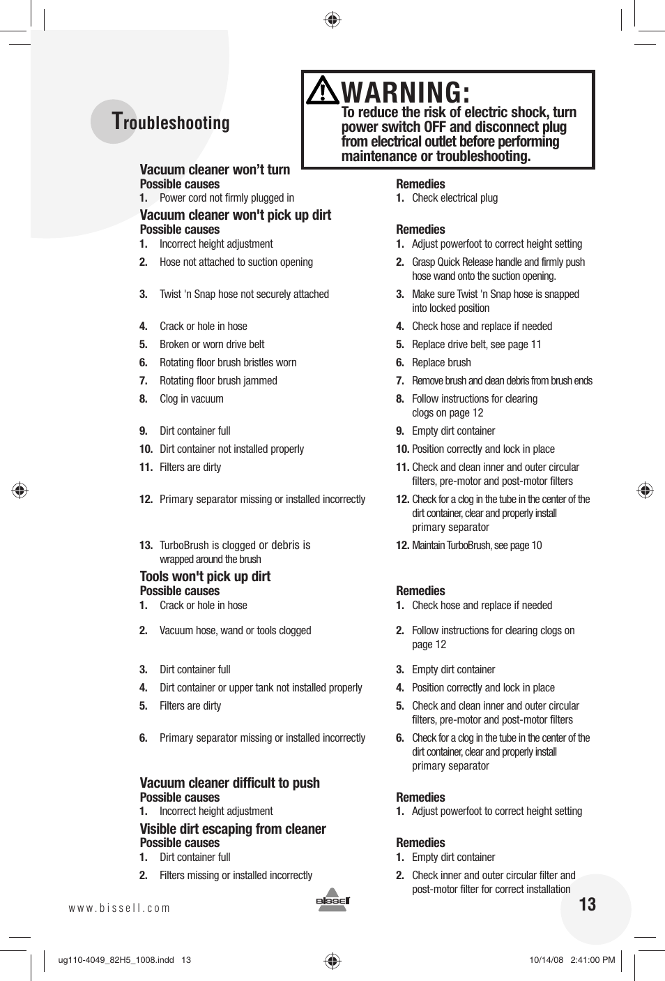 Warning, Roubleshooting | Bissell 82H5E User Manual | Page 13 / 16