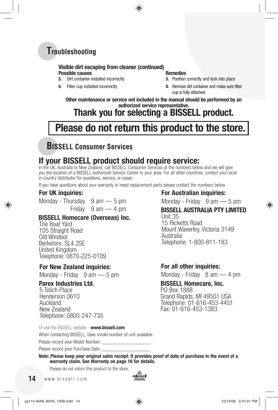 Please do not return this product to the store, If your bissell product should require service, Roubleshooting | Issell consumer services | Bissell 82H5E User Manual | Page 14 / 16
