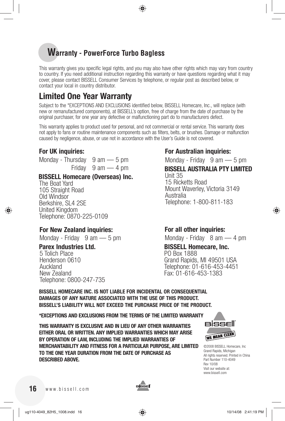 Limited one year warranty, Arranty - powerforce turbo bagless | Bissell 82H5E User Manual | Page 16 / 16