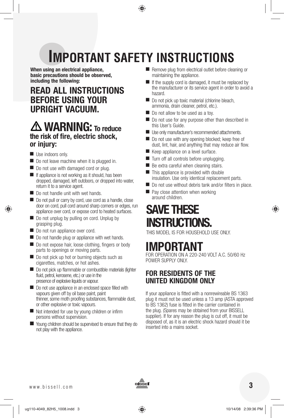 Mportant safety instructions, Warning, Save these instructions | Important, For residents of the united kingdom only | Bissell 82H5E User Manual | Page 3 / 16