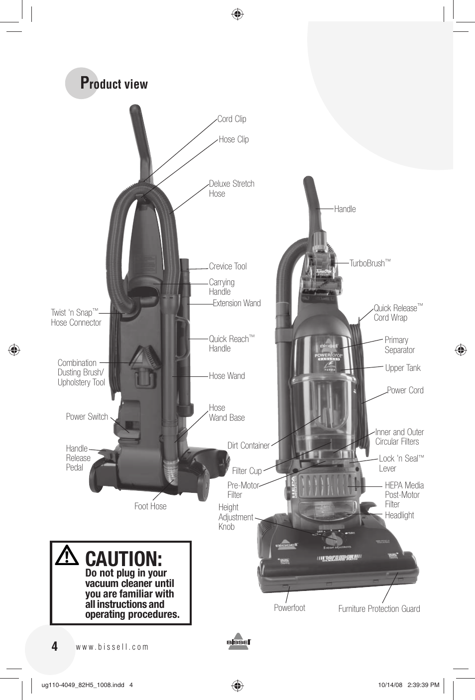 Caution, Roduct view | Bissell 82H5E User Manual | Page 4 / 16