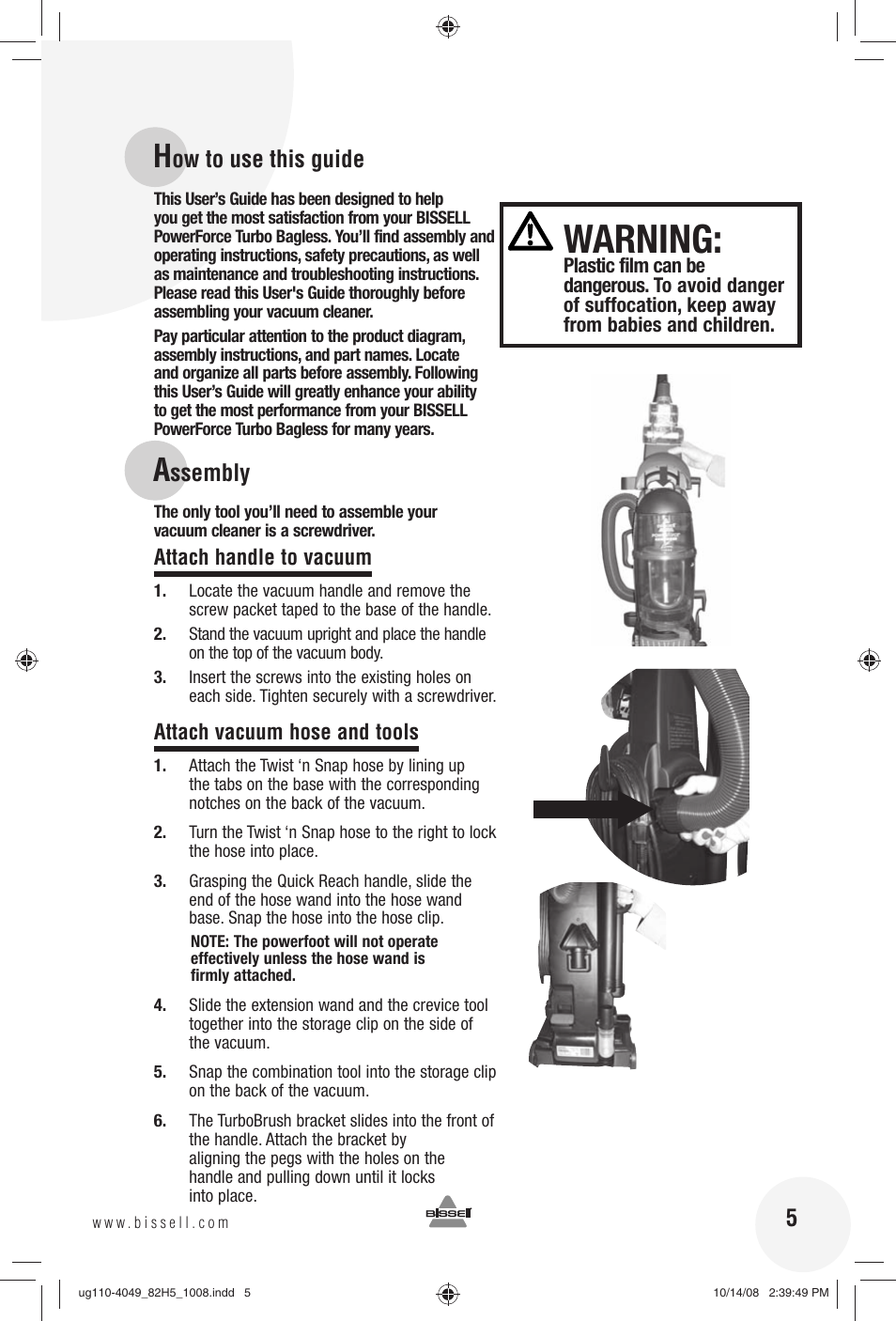 Warning, Ow to use this guide, Ssembly | Bissell 82H5E User Manual | Page 5 / 16