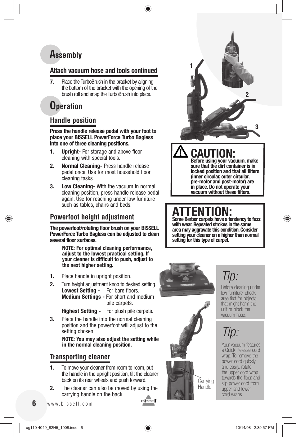 Attention, Caution, Ssembly | Peration 6 | Bissell 82H5E User Manual | Page 6 / 16